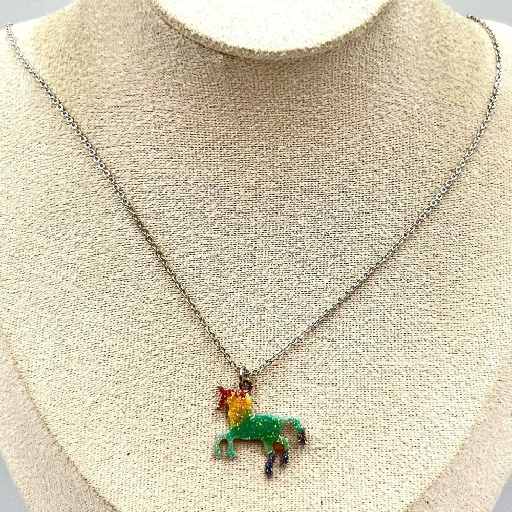 Vintage Claire's Y2K Glitter Rainbow Enamel Unicorn Pendant Necklace Silver Tone